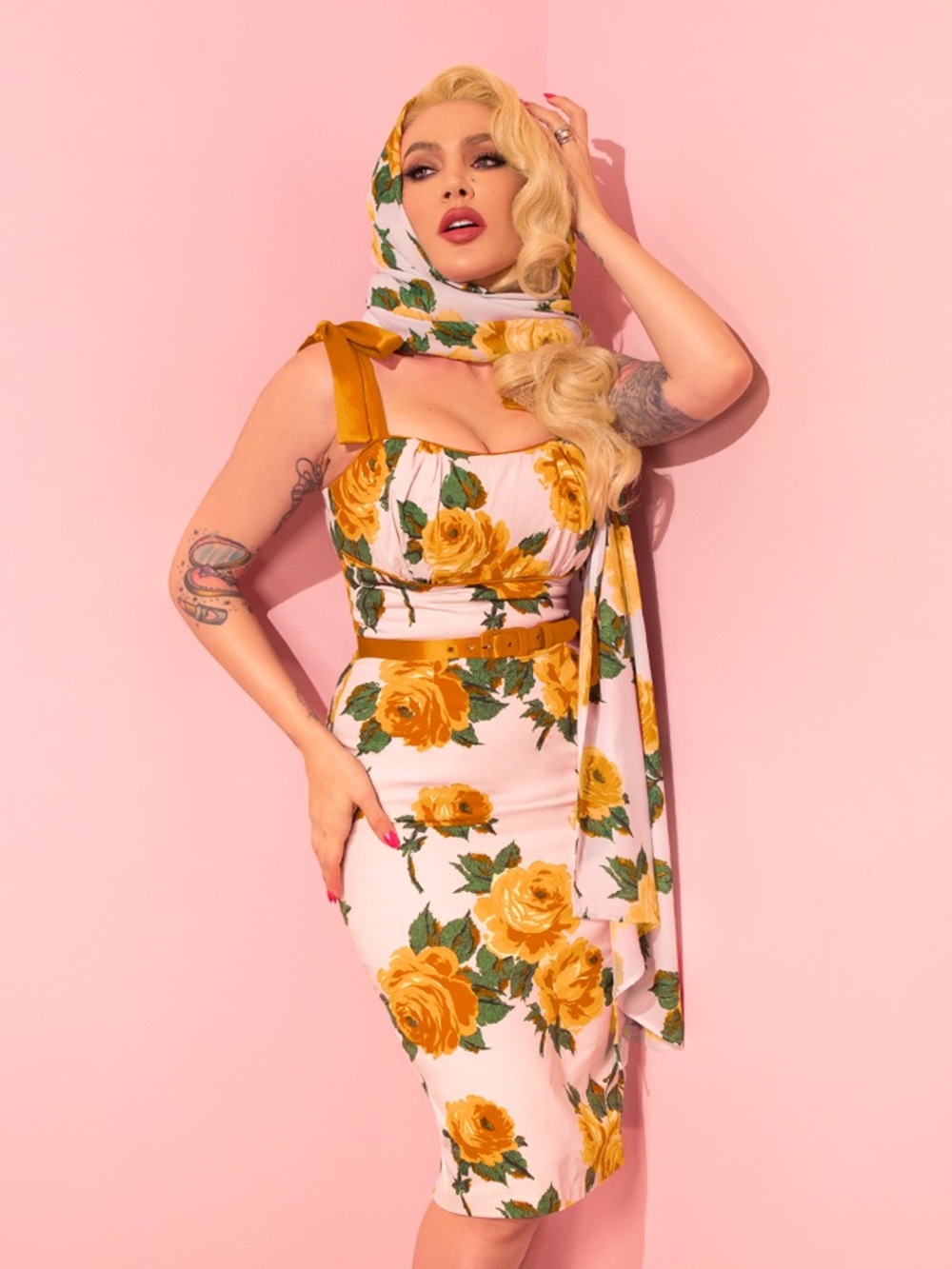 DISCONTINUED Vixen by Micheline Pitt 1950’s Yellow Floral Wiggle Sundress MEDIUM